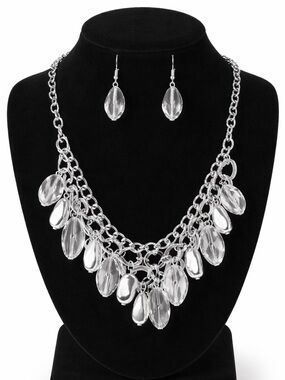 Silver Chain clear Bead Collar Necklace with Matching Earrings